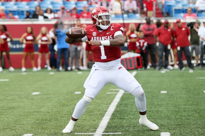 Oct 23, 2021; Little Rock, Arkansas, USA; Arkansas Razorbacks quarterback KJ Jefferson (1) looks to pass during the first quarter against the Arkansas Pine Bluff Golden Lions at War Memorial Stadium. Mandatory Credit: Nelson Chenault-USA TODAY Sports